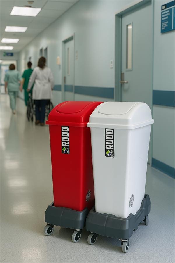 Cestos RUDO con base rodante RSU BOX en pasillo hospitalario