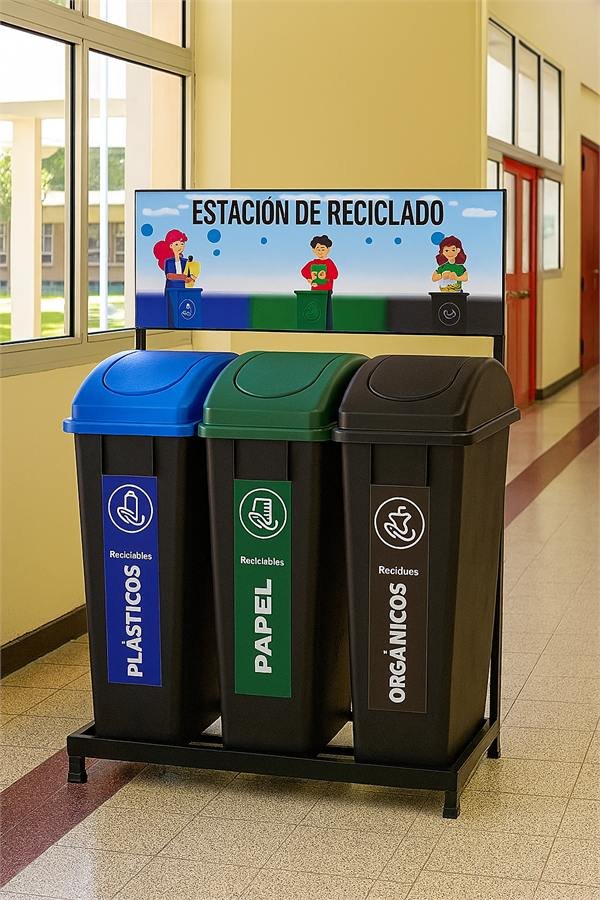 Estación de reciclado RSU BOX de tres cestos en pasillo escolar