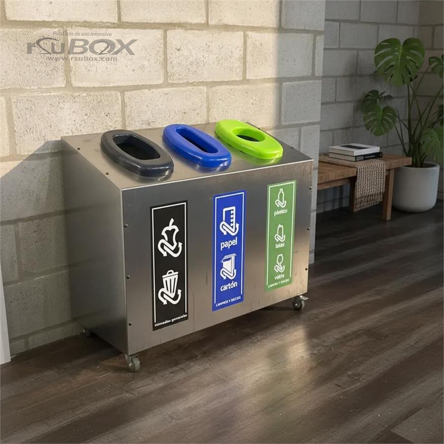 Estación de reciclado RSU BOX en acero inoxidable, 3 bocas